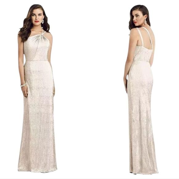 NWT Dessy Collection One-Shoulder Twist Metallic Trumpet Gown Rose Gold Size 10 - Picture 1 of 16